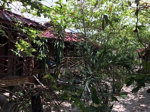 A rustic wooden building with a corrugated metal roof, surrounded by dense tropical foliage. - Otres Beach Resort (Sihanoukville)