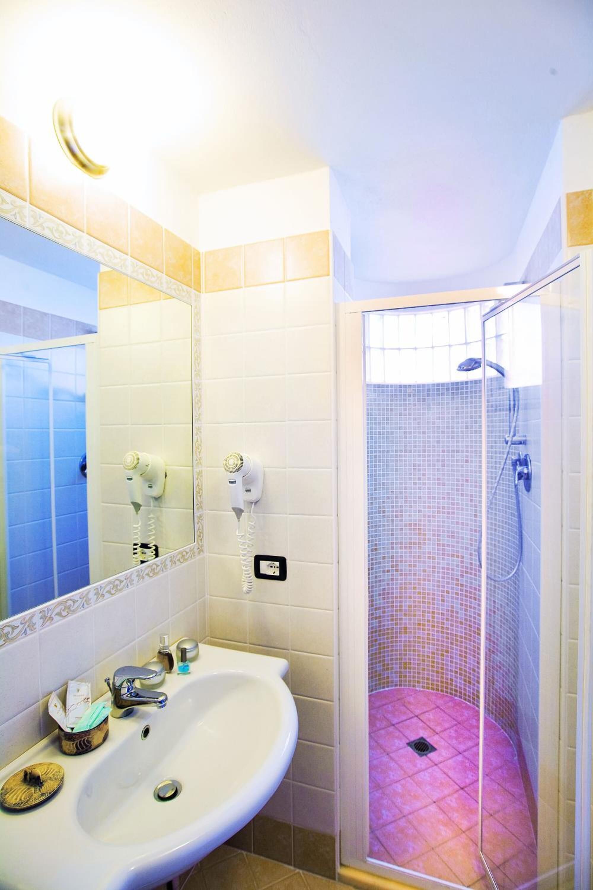 shower, hair dryer, bidet, towels