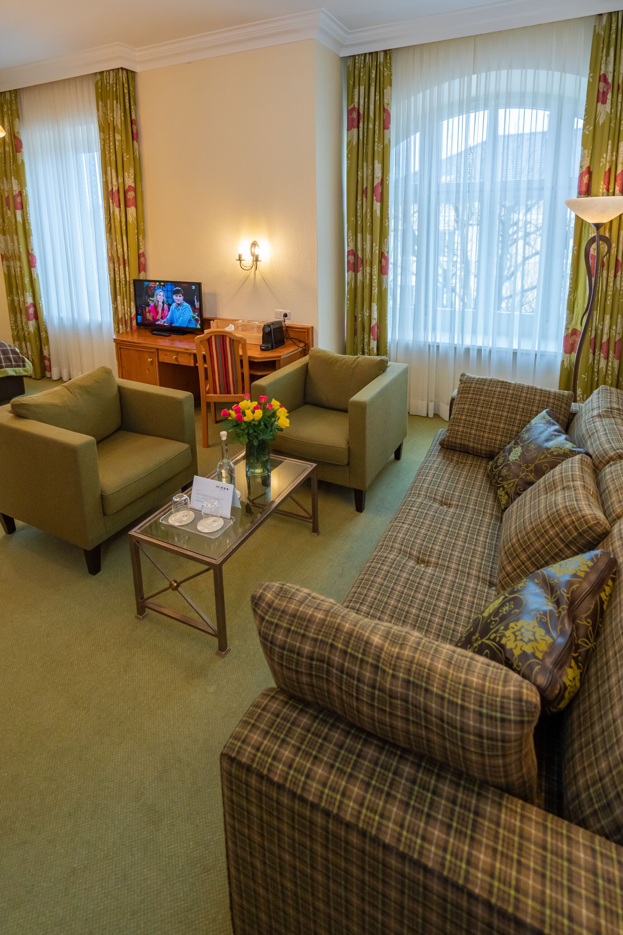 superior double room | living area | 32-inch flat-screen tv with satellite channels, tv, offices