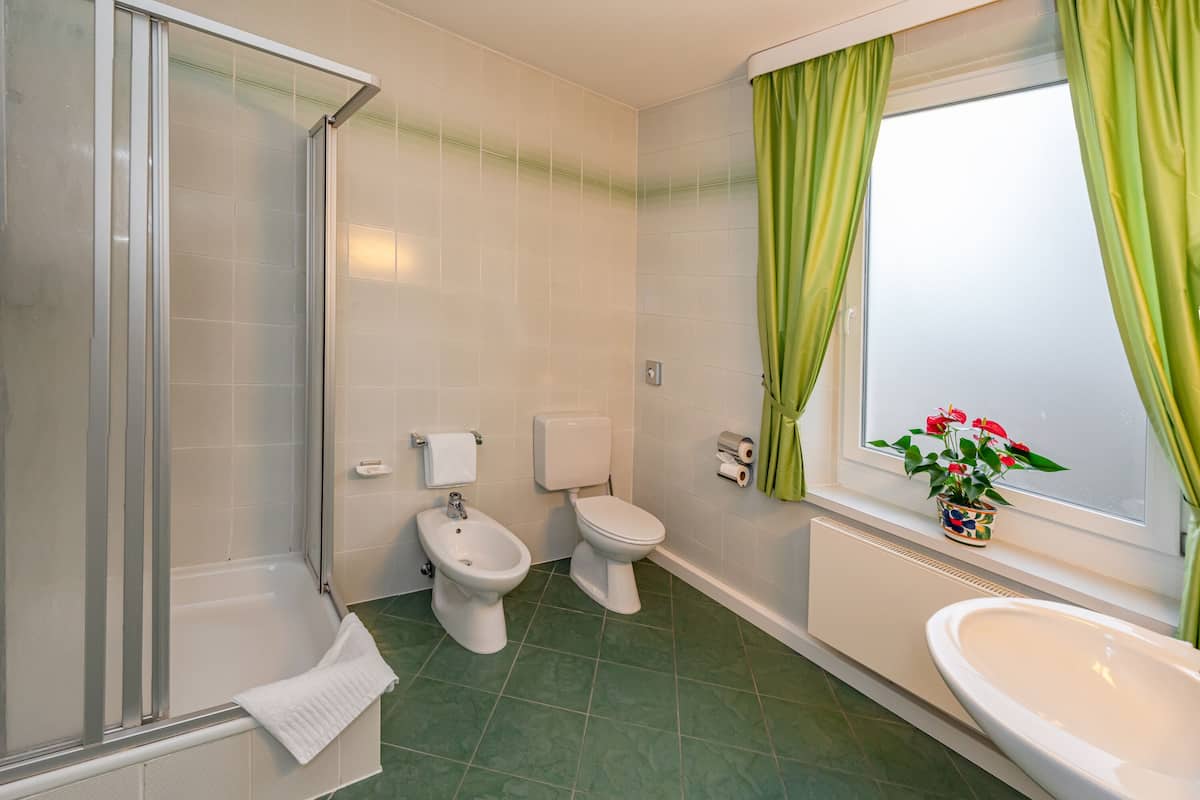 superior double room | bathroom | hair dryer, towels, soap, shampoo