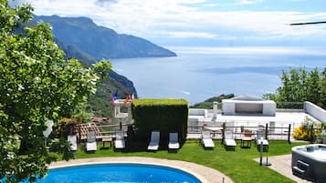 Seasonal outdoor pool, a rooftop pool, pool umbrellas, pool loungers