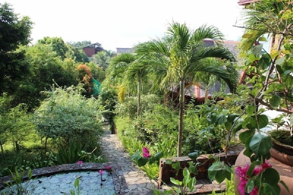 Un sendero jardín rodeado de exuberante vegetación y palmeras.