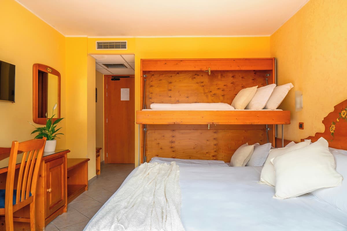 Une chambre avec un lit superposé, un bureau avec une chaise, une plante en pot et un miroir au mur.