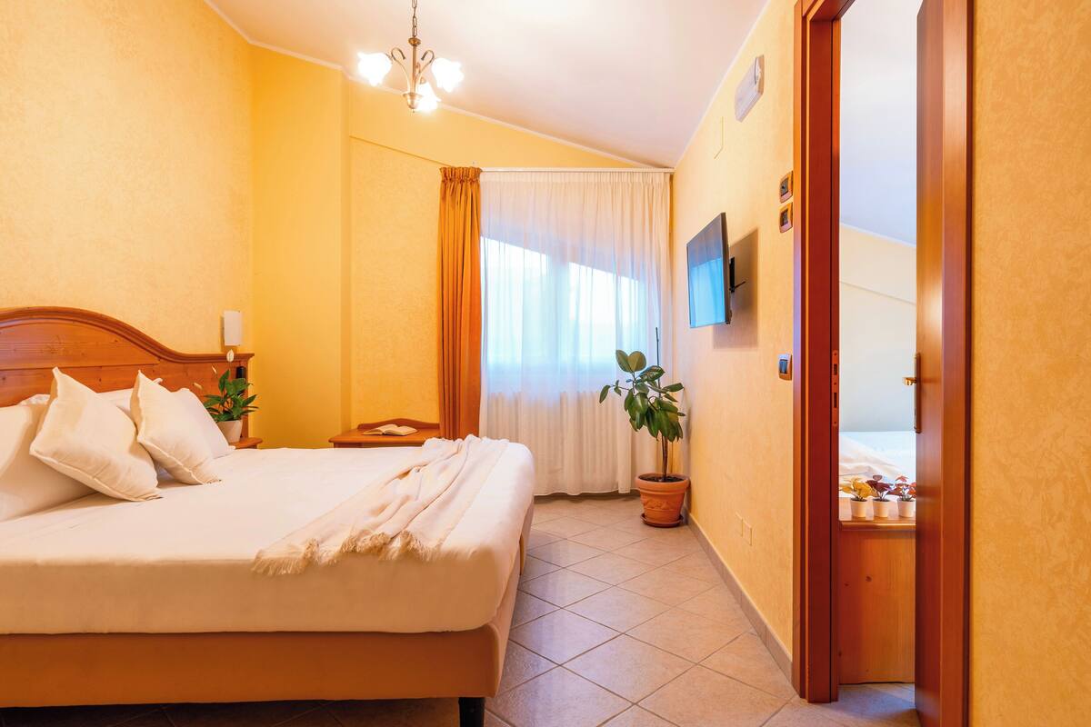 Une chambre d’hôtel avec un grand lit, une plante en pot, un téléviseur et une porte donnant sur une salle de bain.