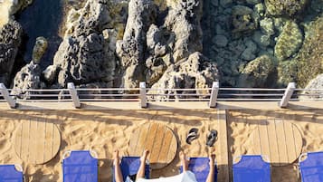 On the beach, sun-loungers, beach umbrellas