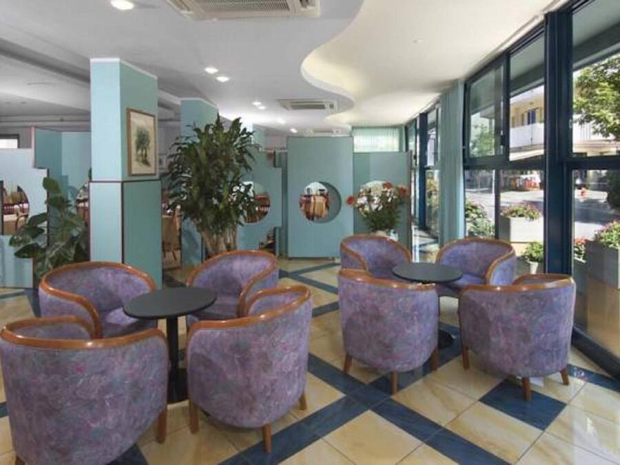 A lobby with purple patterned chairs, a large potted plant, and a view of the street through large windows.