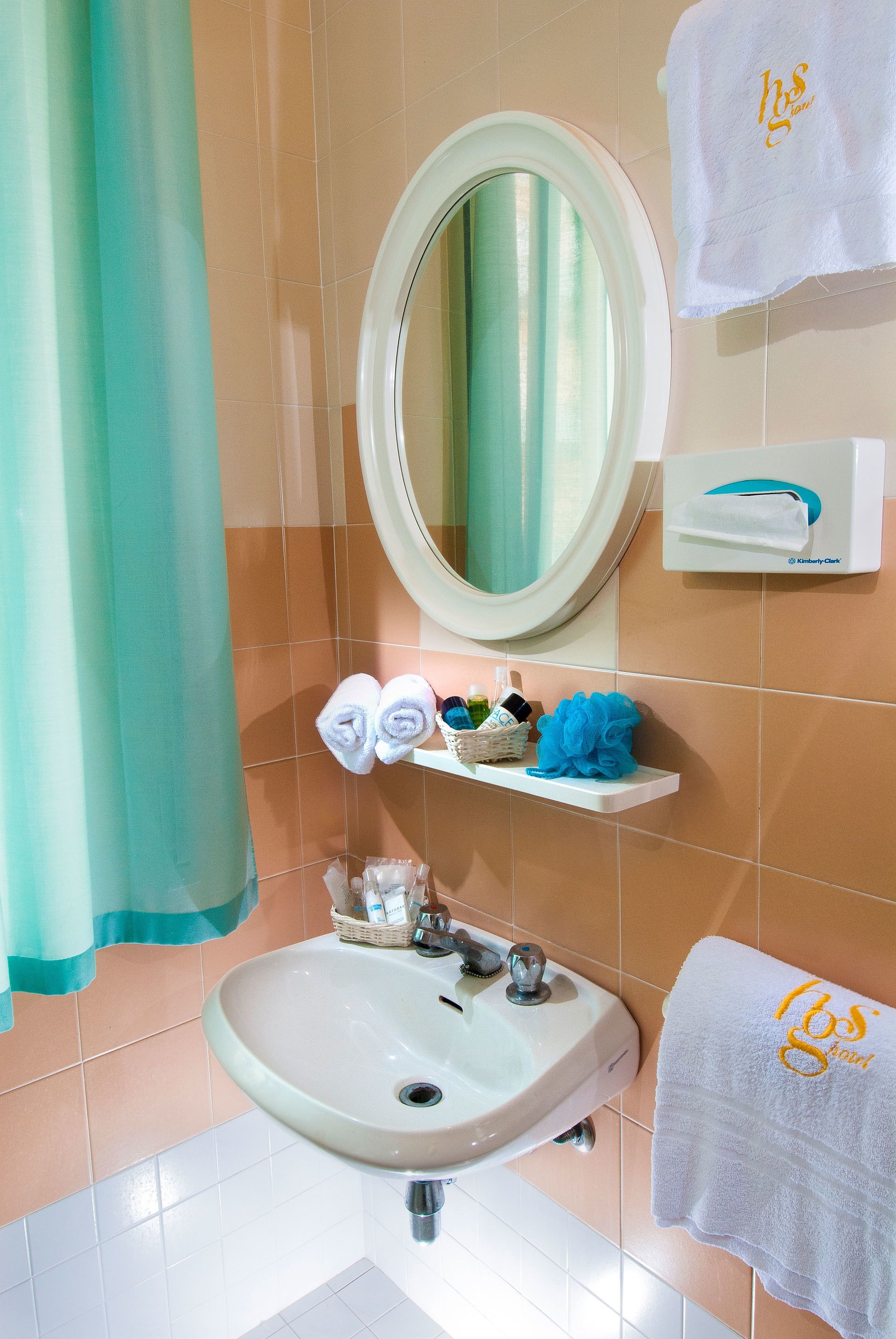 Un baño con lavamanos, espejo, toallero y repisas con artículos de aseo.