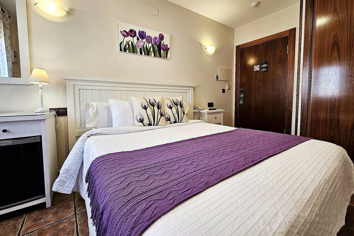 A hotel room with a bed, a nightstand, a lamp, a painting, and a wooden door.