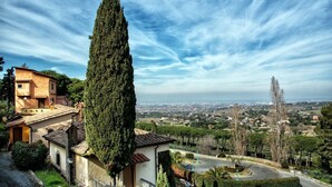 A residential area with a tall, narrow tree in the foreground, a small building with a tiled roof, and a view of a distant cityscape. - Grand Hotel Helio Cabala (Marino)