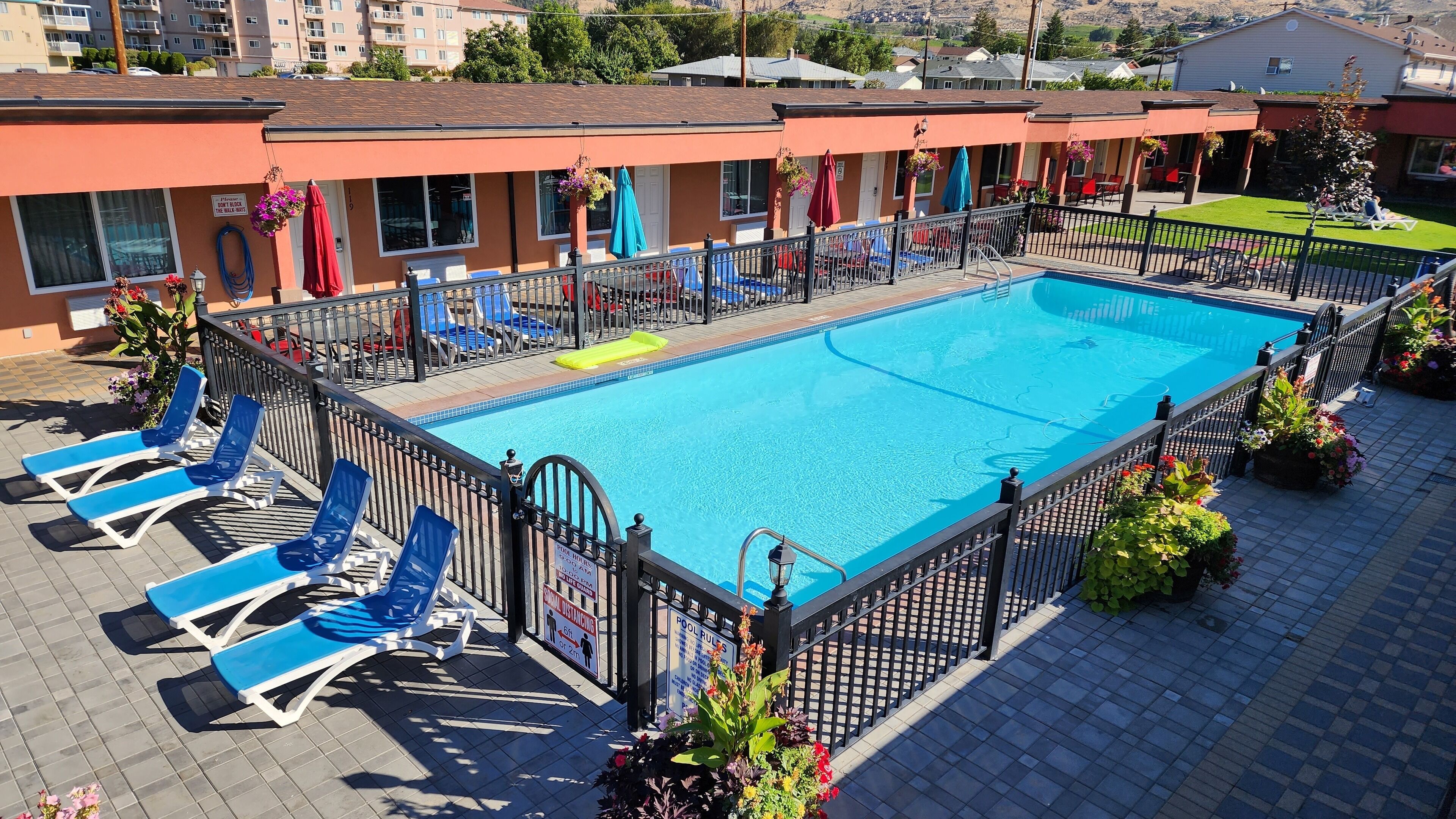 A rectangular swimming pool with blue water, surrounded by a black metal fence. There are blue lounge chairs and a yellow floating platform.
