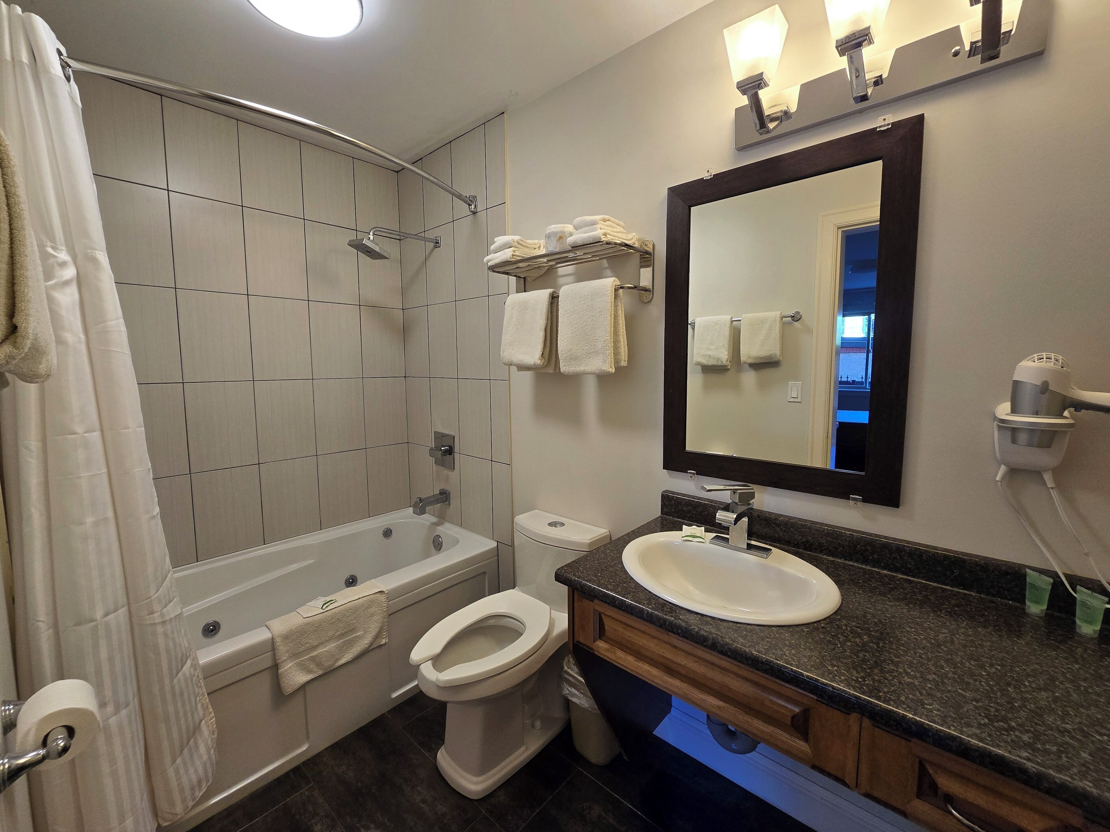 A bathroom with a bathtub, toilet, sink, and a large mirror.