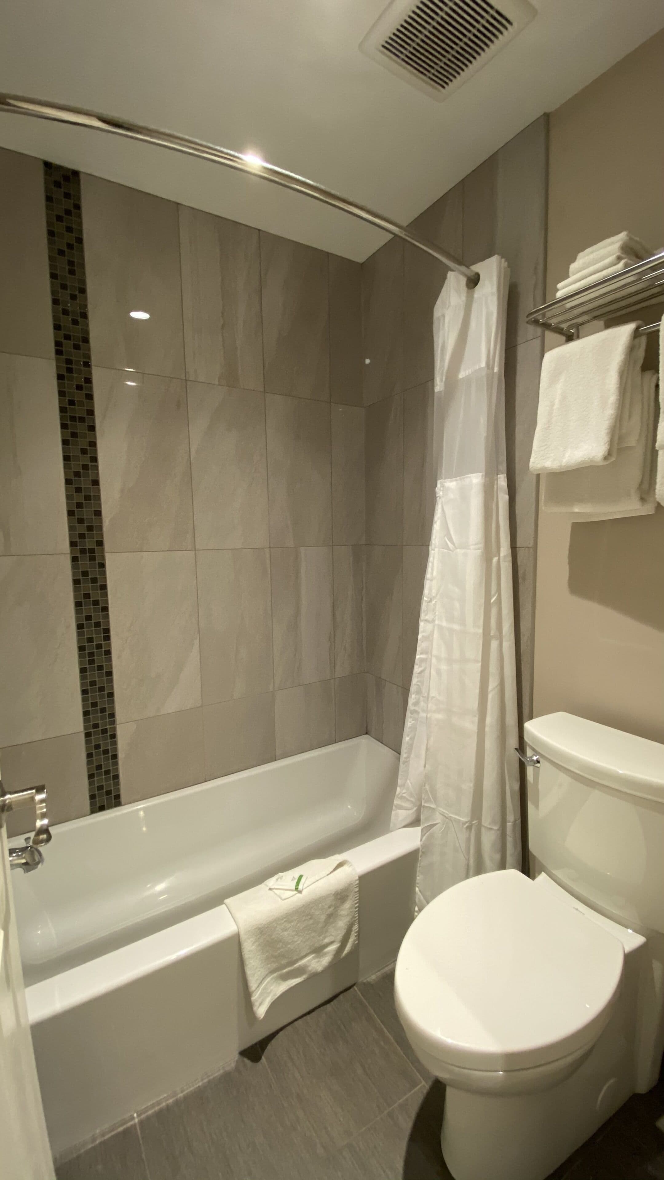 Une salle de bain moderne équipée d’une baignoire, d’une douche et de toilettes.