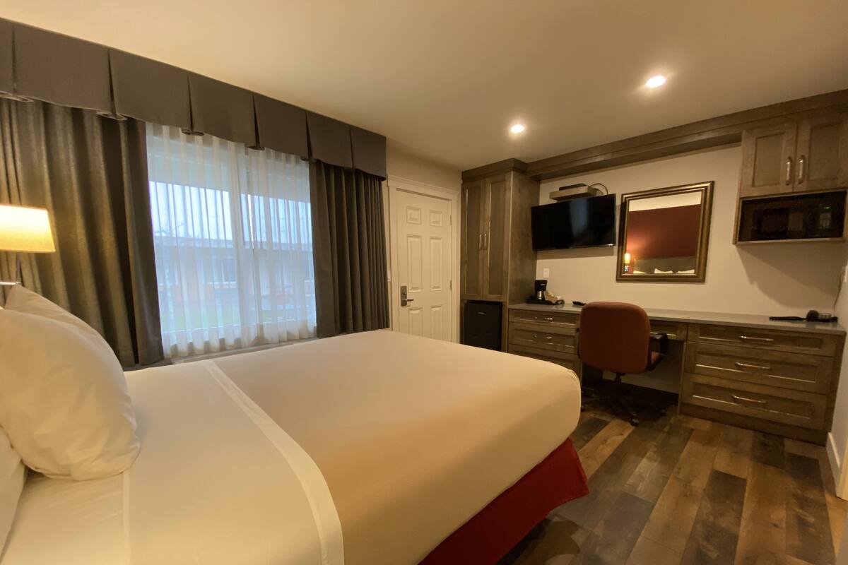 A hotel room with a large bed, a desk, a chair, a television, and a minibar.