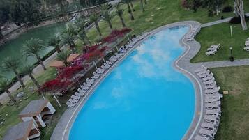 Una piscina grande y ovalada con borde curvo, rodeada de sillas de descanso y un sendero.