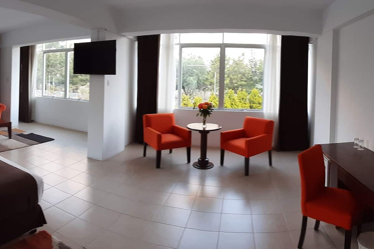 Ein Hotelzimmer mit einem Bett, einem Schreibtisch, zwei Stühlen, einem Fernseher und großen Fenstern.