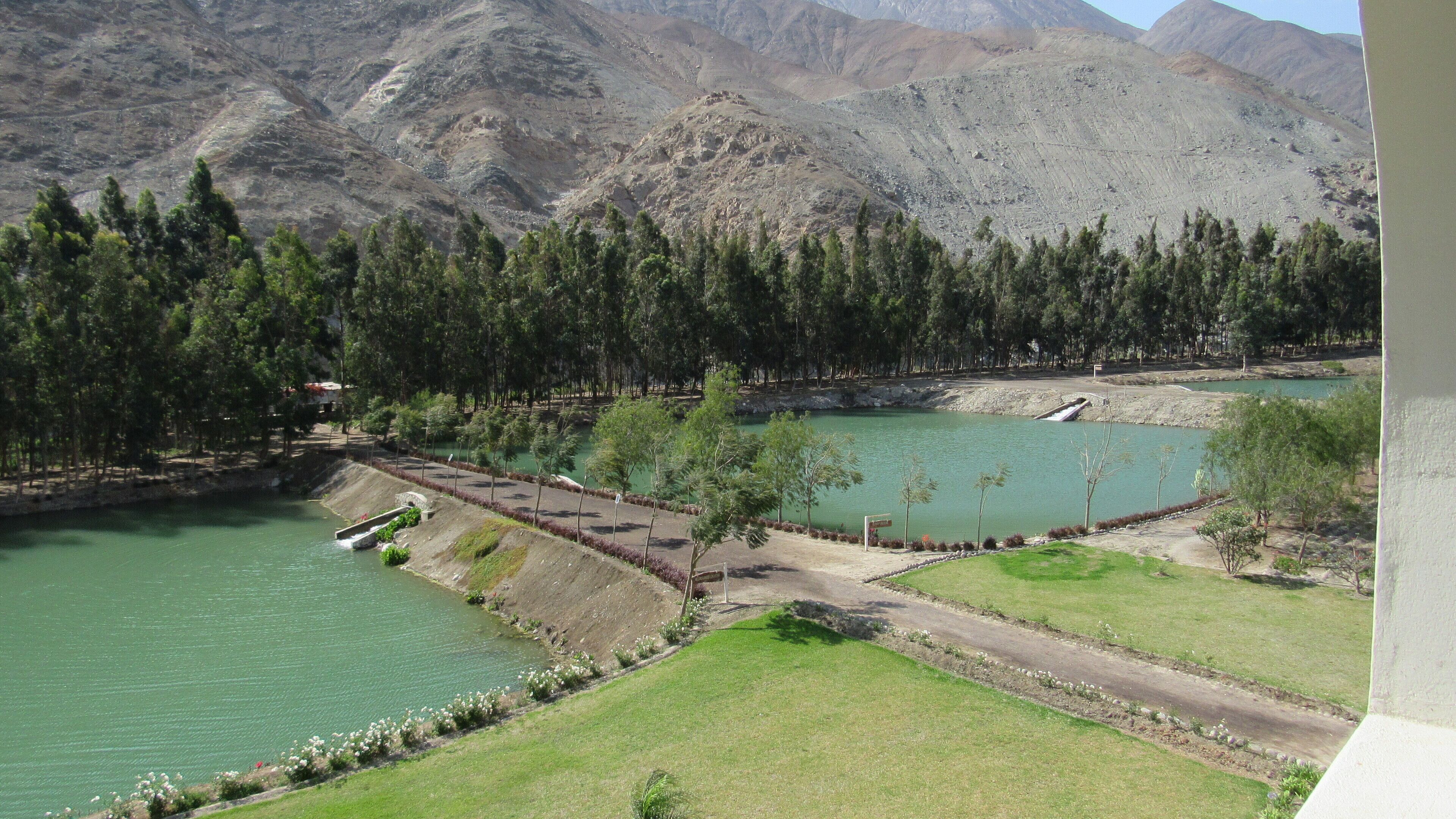 A mountainous landscape with a lake, trees, and a small bridge.