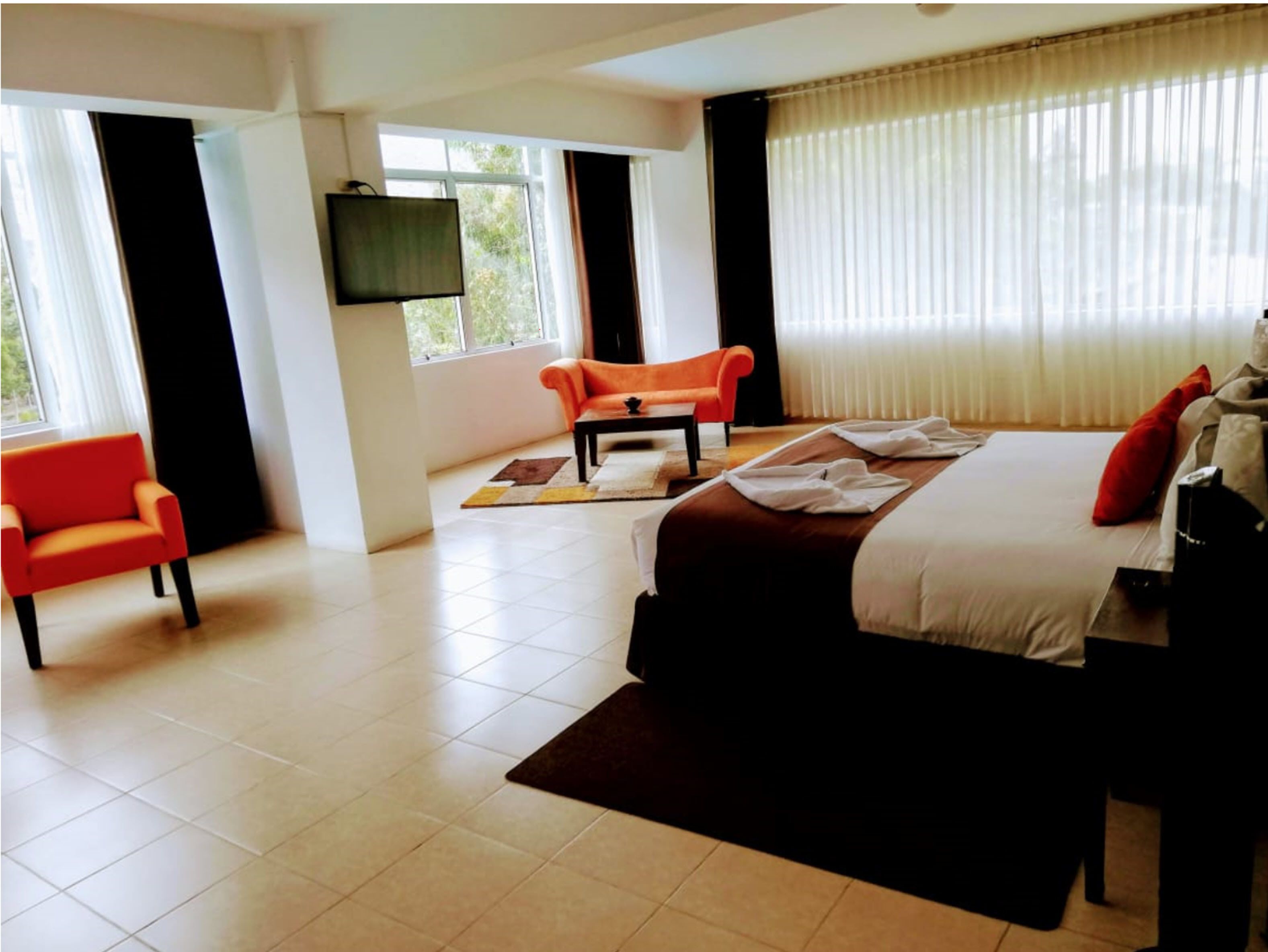 Une chambre d’hôtel avec un lit, un fauteuil rouge, un canapé et un téléviseur fixé au mur.