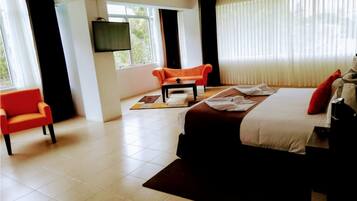 Une chambre d’hôtel avec un lit, un fauteuil rouge, un canapé et un téléviseur fixé au mur.