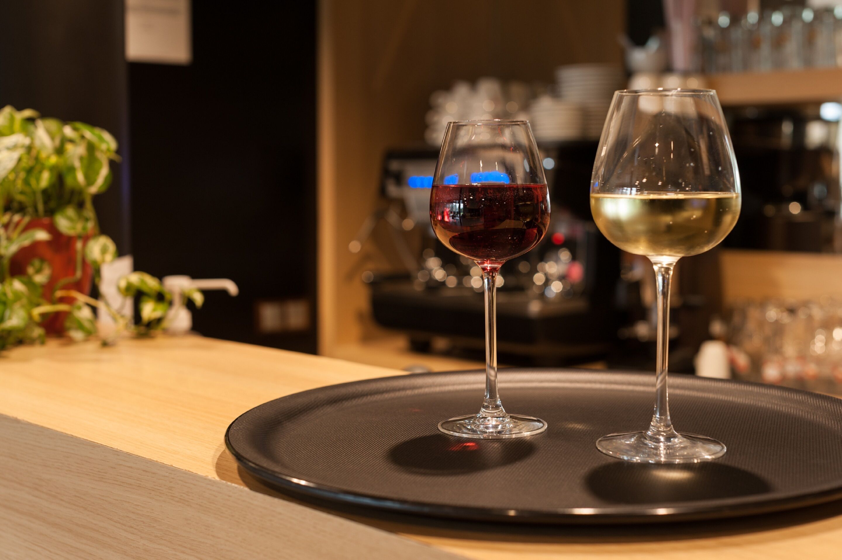 Två vinglas står på en svart matta, det ena fyllt med rött vin och det andra med vitt vin, på ett träbord med en växt i bakgrunden.