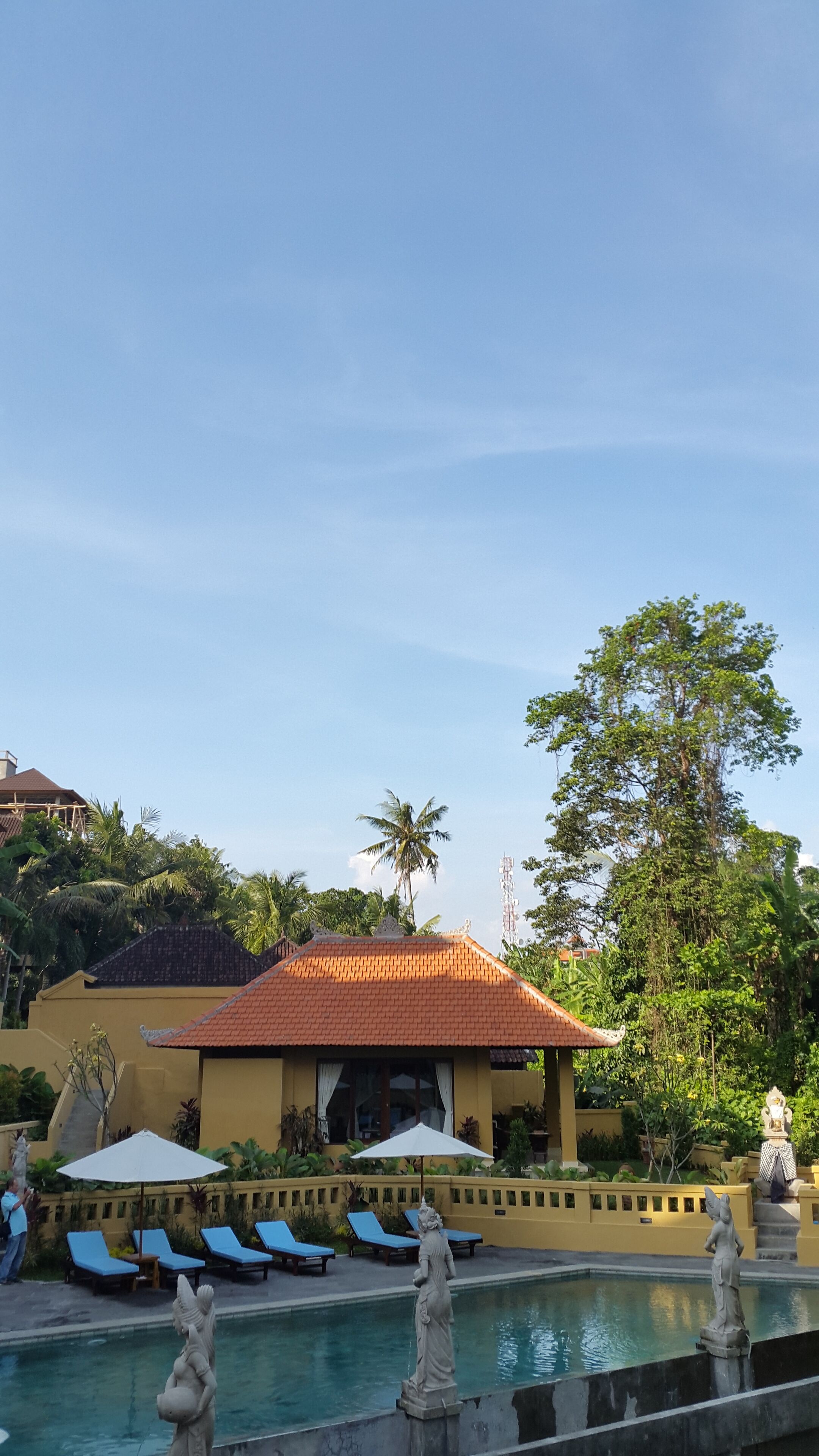 A pool area with lounge chairs and a statue.