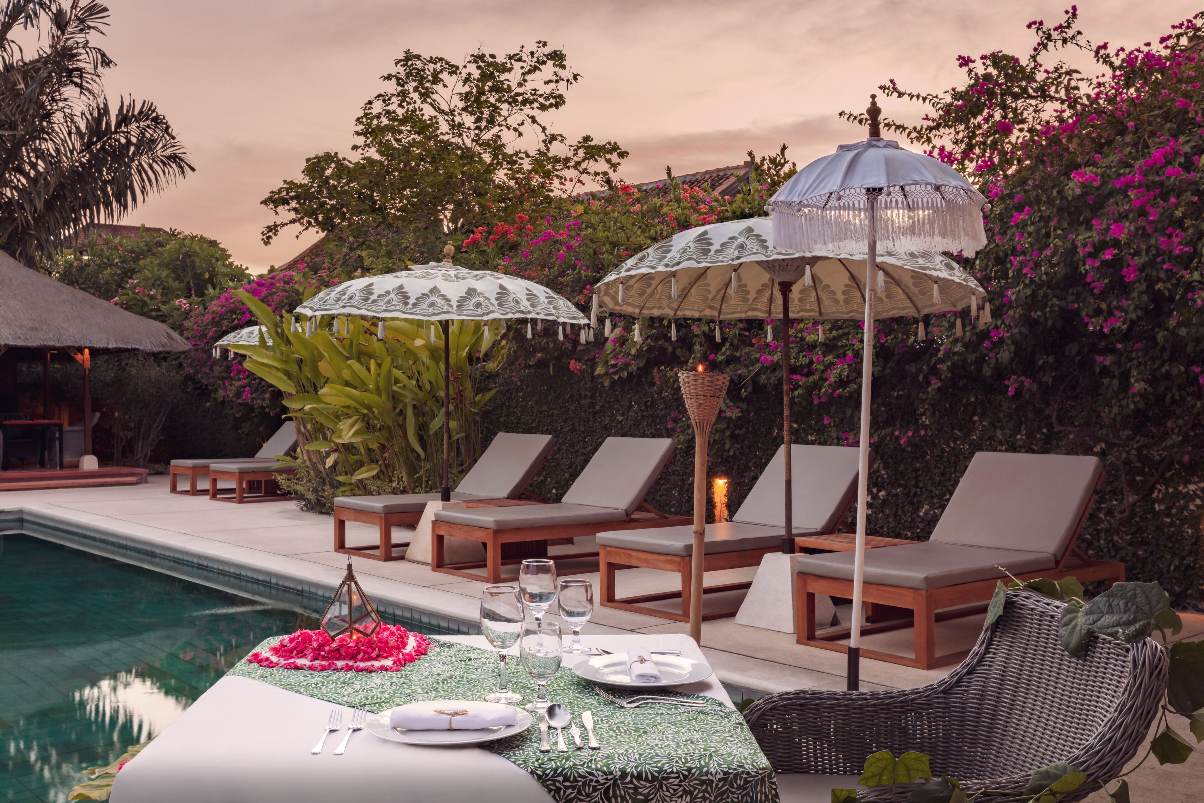 供应晚餐，本地与国际菜，花园景观