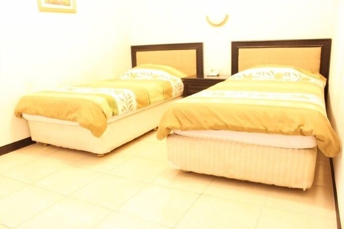 Two single beds with wooden headboards, a bedside table, and a wall-mounted light fixture.