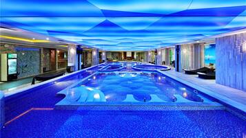 Indoor pool, outdoor pool, sun loungers
