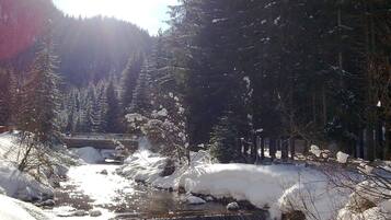 Schneebedeckte Landschaft mit einem kleinen Wasserfall und dichten Nadelbäumen.
