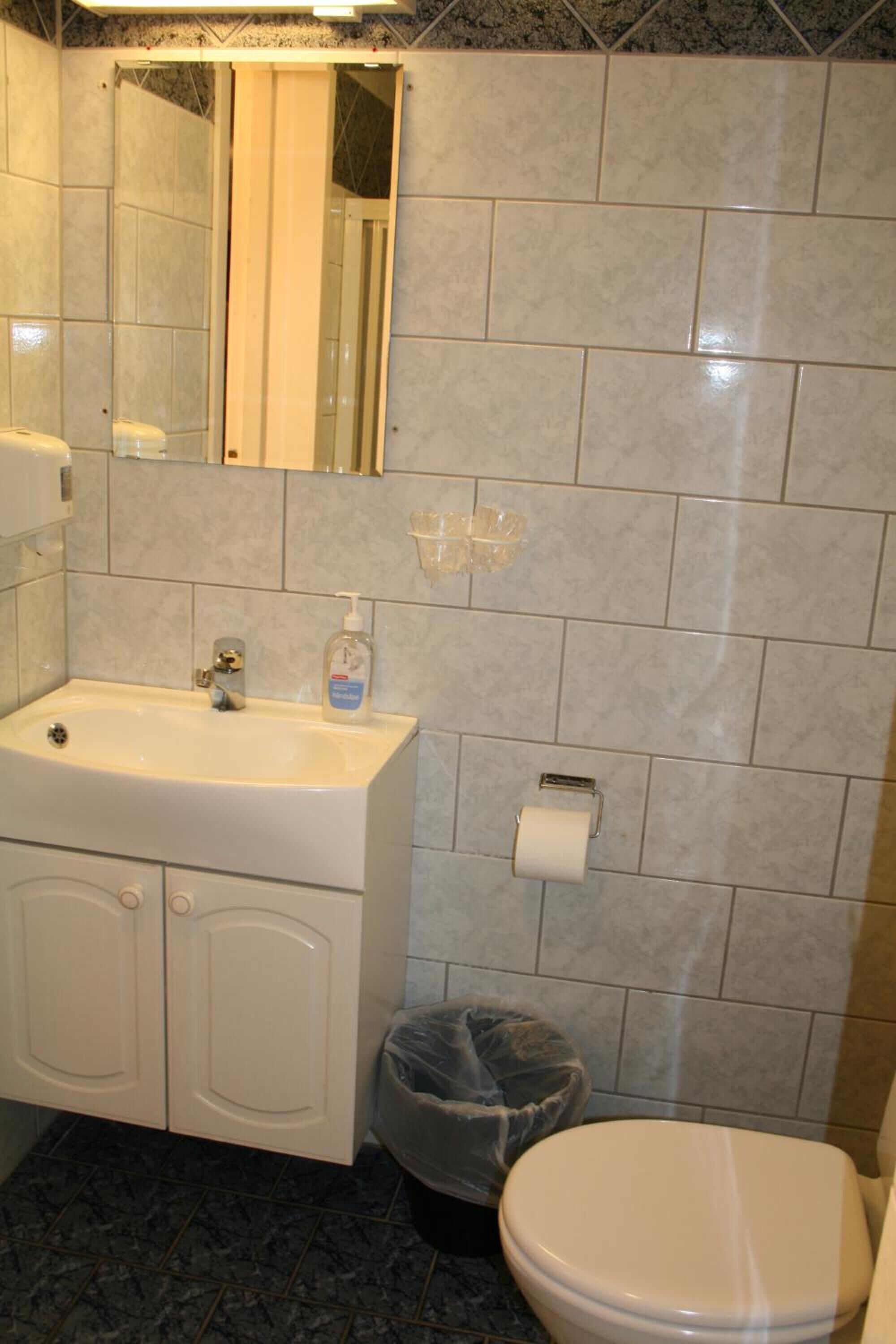 A bathroom with a sink, mirror, toilet, and trash bin.