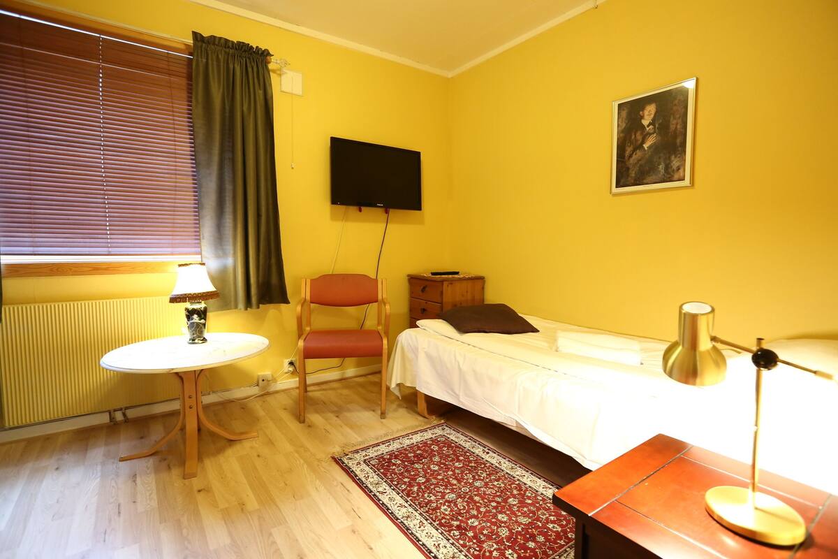A room with a bed, a chair, a table, a TV, and a painting on the wall.