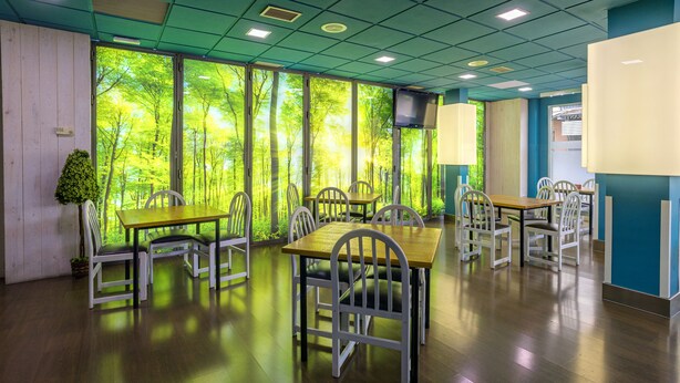 Un salón de conferencias con varias mesas y sillas, ventanas amplias con vistas a un bosque y un televisor de pantalla plana montado en la pared.