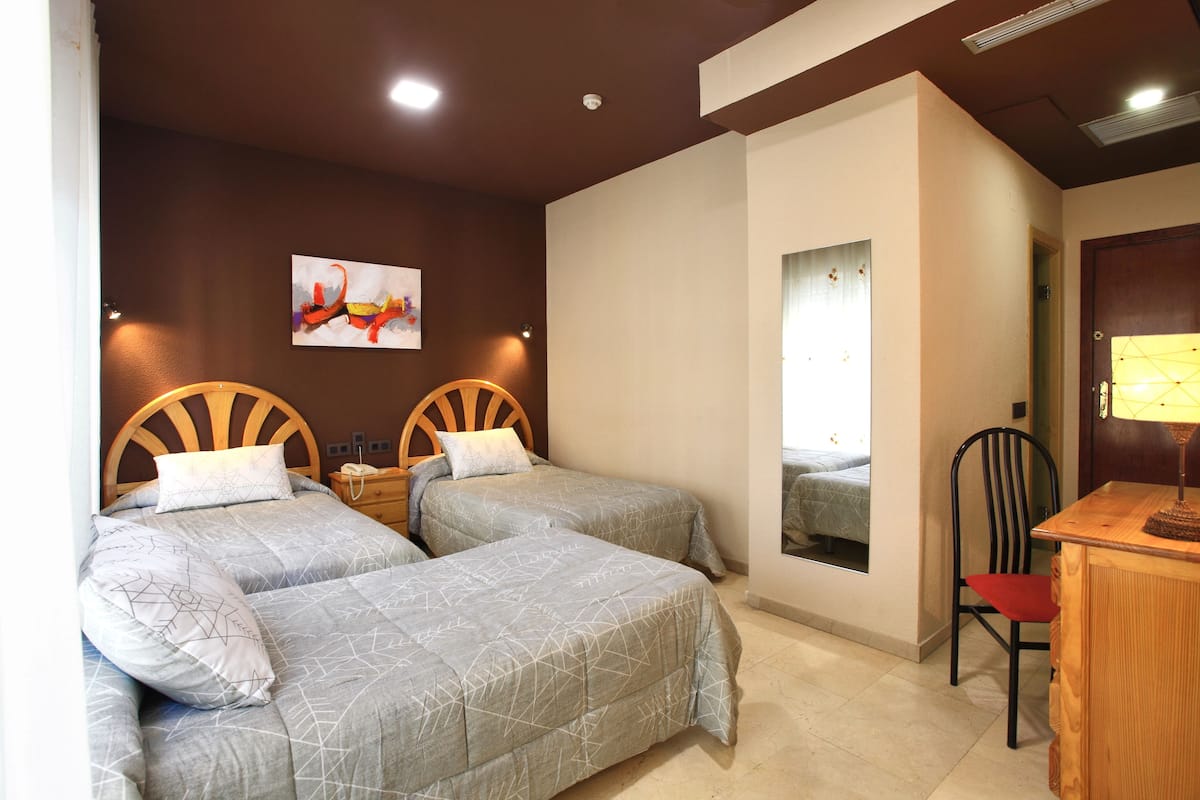 Una habitación con dos camas, un escritorio y una silla. Hay un cuadro en la pared y una ventana con vistas.