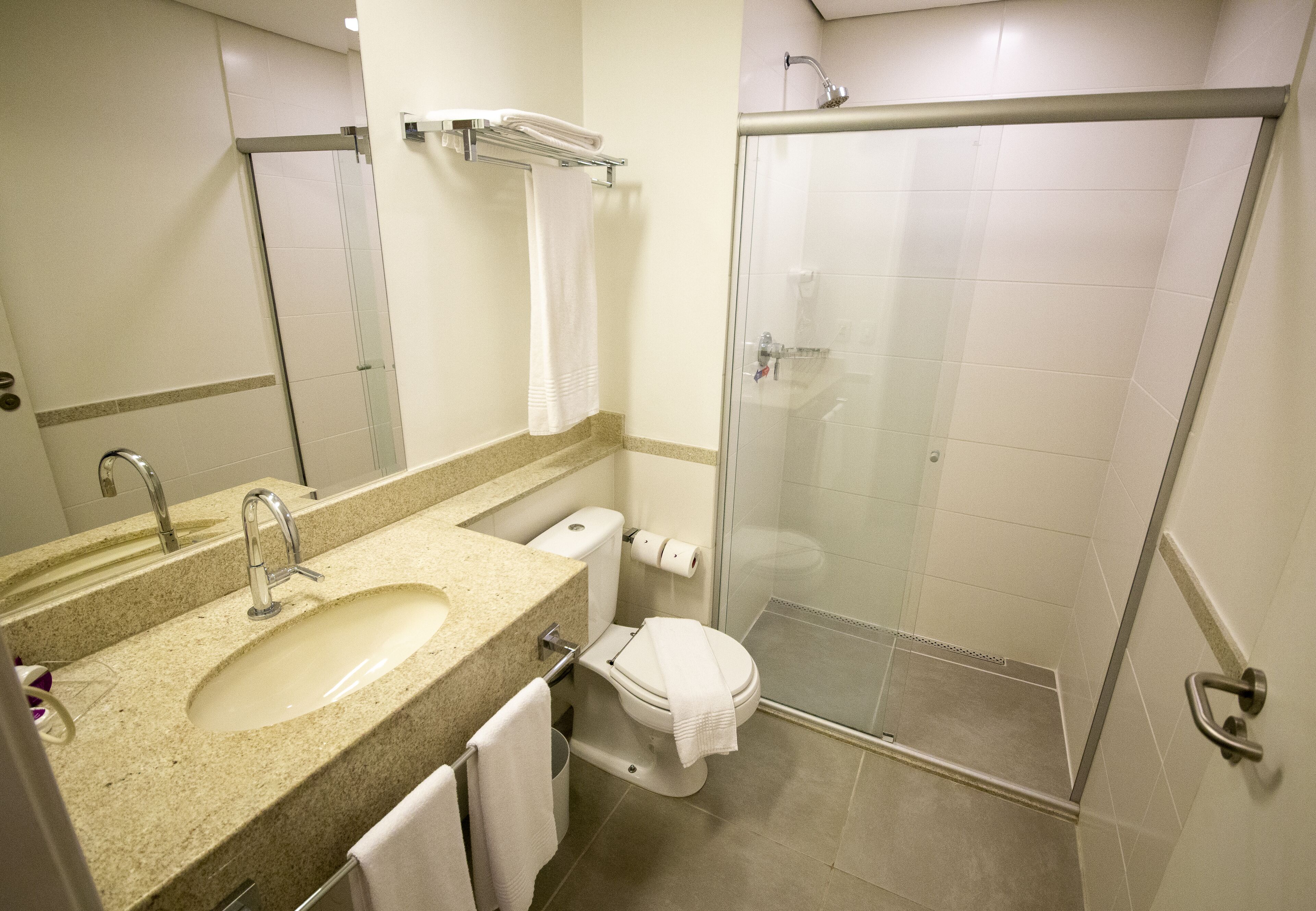 A bathroom with a sink, toilet, and glass-enclosed shower.