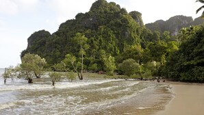 A beach with clear water, trees, and a large mountain in the background. - The Beach House (Krabi)