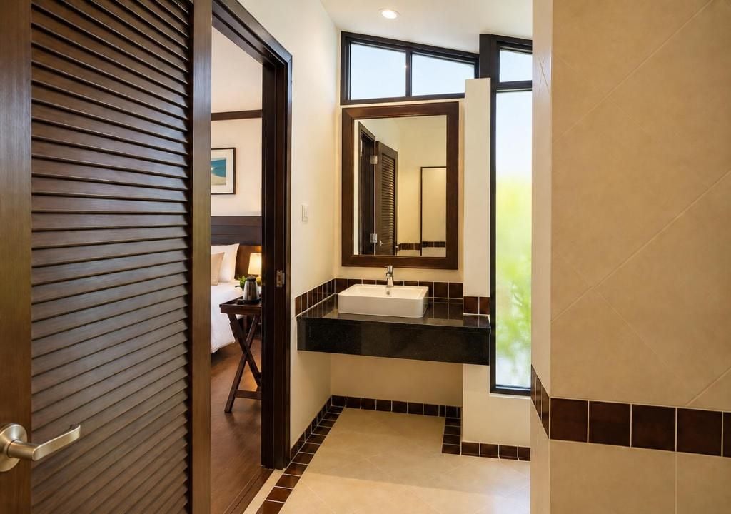 A modern bathroom with a large mirror, a white sink, and a dark countertop.