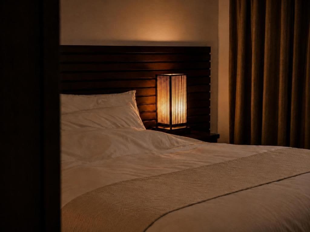 Una cama con cabecera, una lámpara de noche y una cortina.