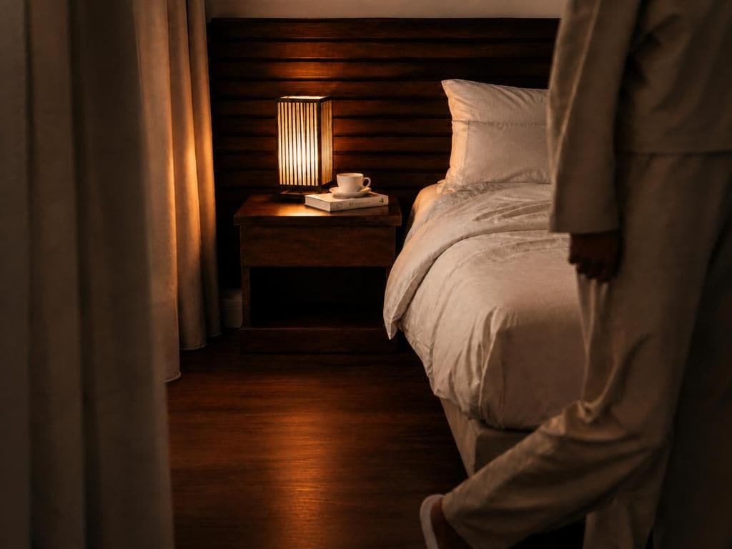 Habitación de hotel con cabecera de madera, mesita de noche con una lámpara, una taza y un libro.