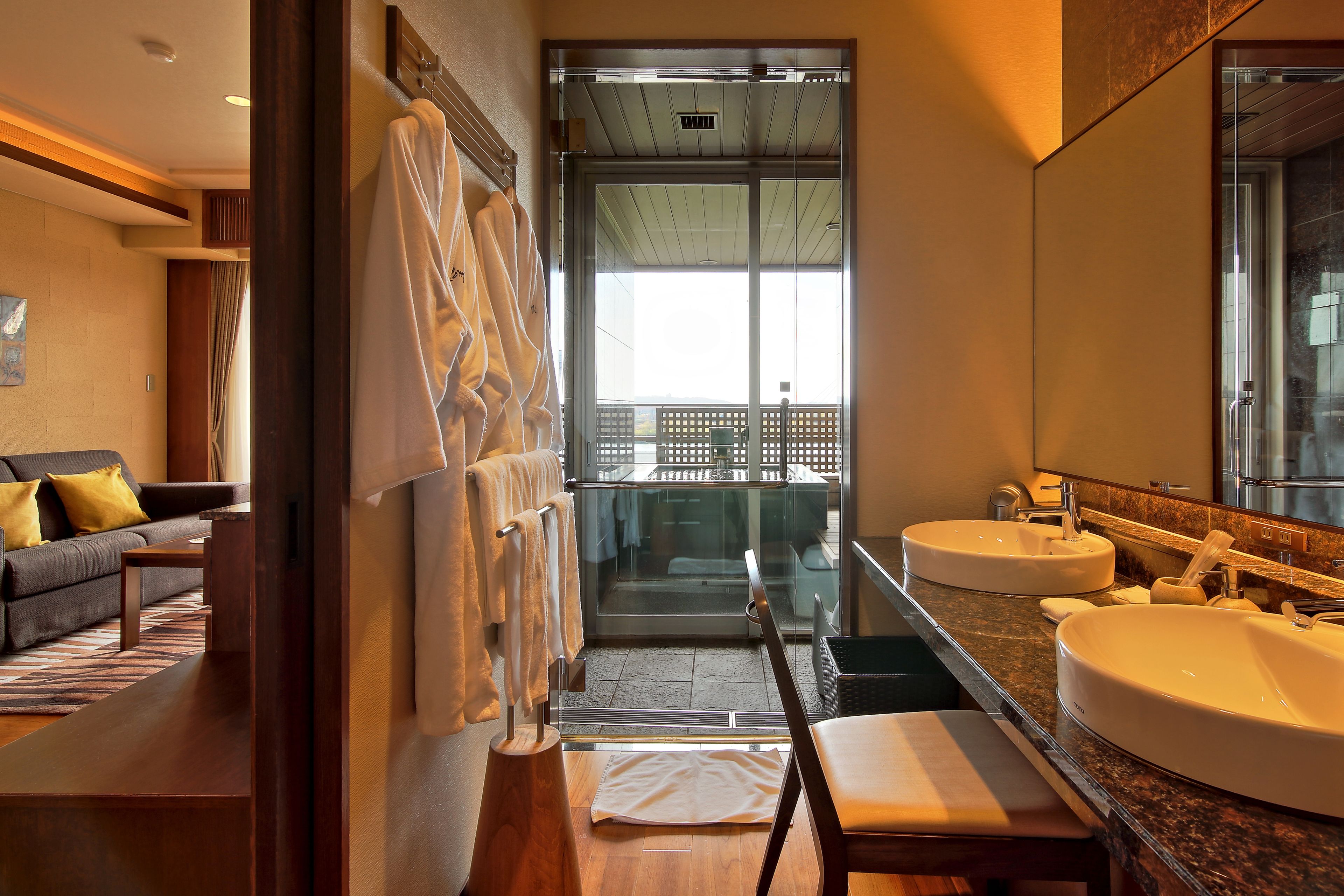 spring water bathtub, free toiletries, hair dryer, slippers