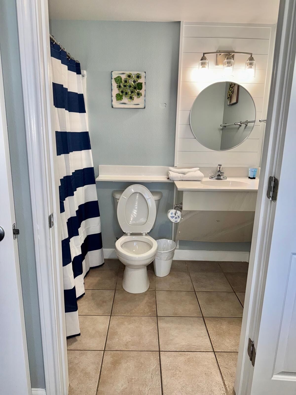 A bathroom with a toilet, sink, and shower curtain.