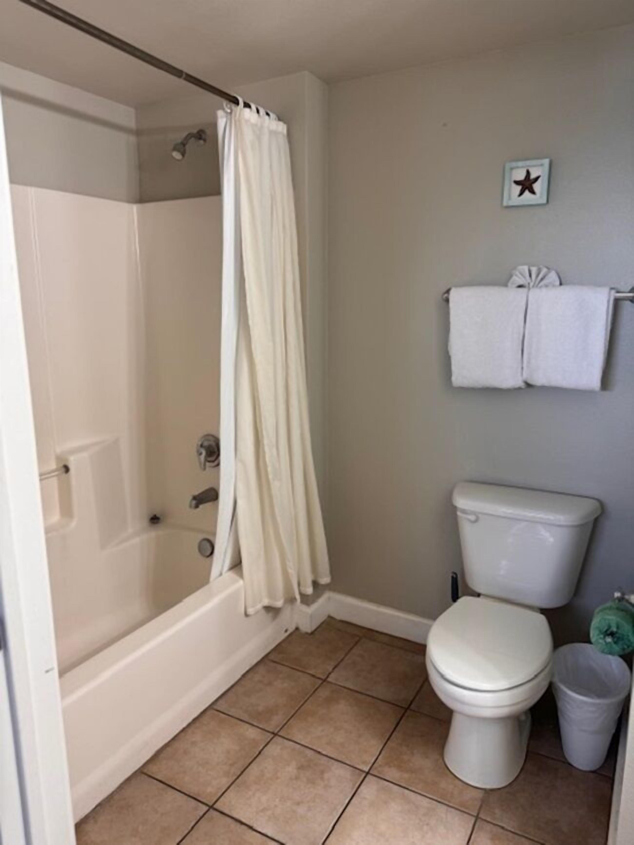 A bathroom with a shower, toilet, and a towel rack.