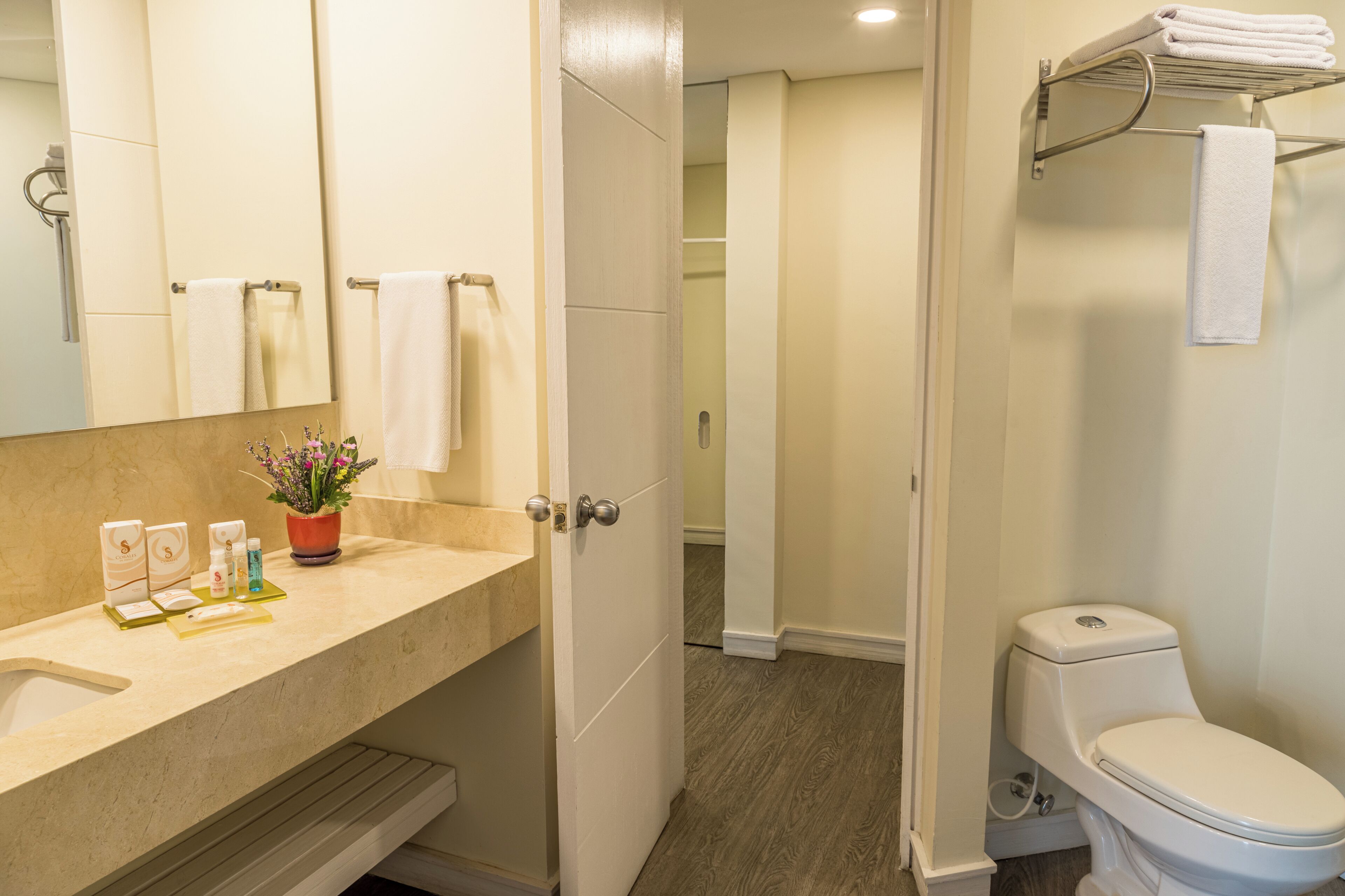 A bathroom with a toilet, sink, and mirror. There are towels hanging on a rack and a potted plant on the counter.