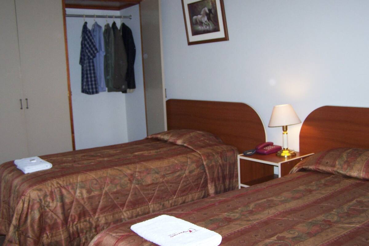 A hotel room with two beds, a wardrobe, a bedside table with a lamp, and a framed picture on the wall.