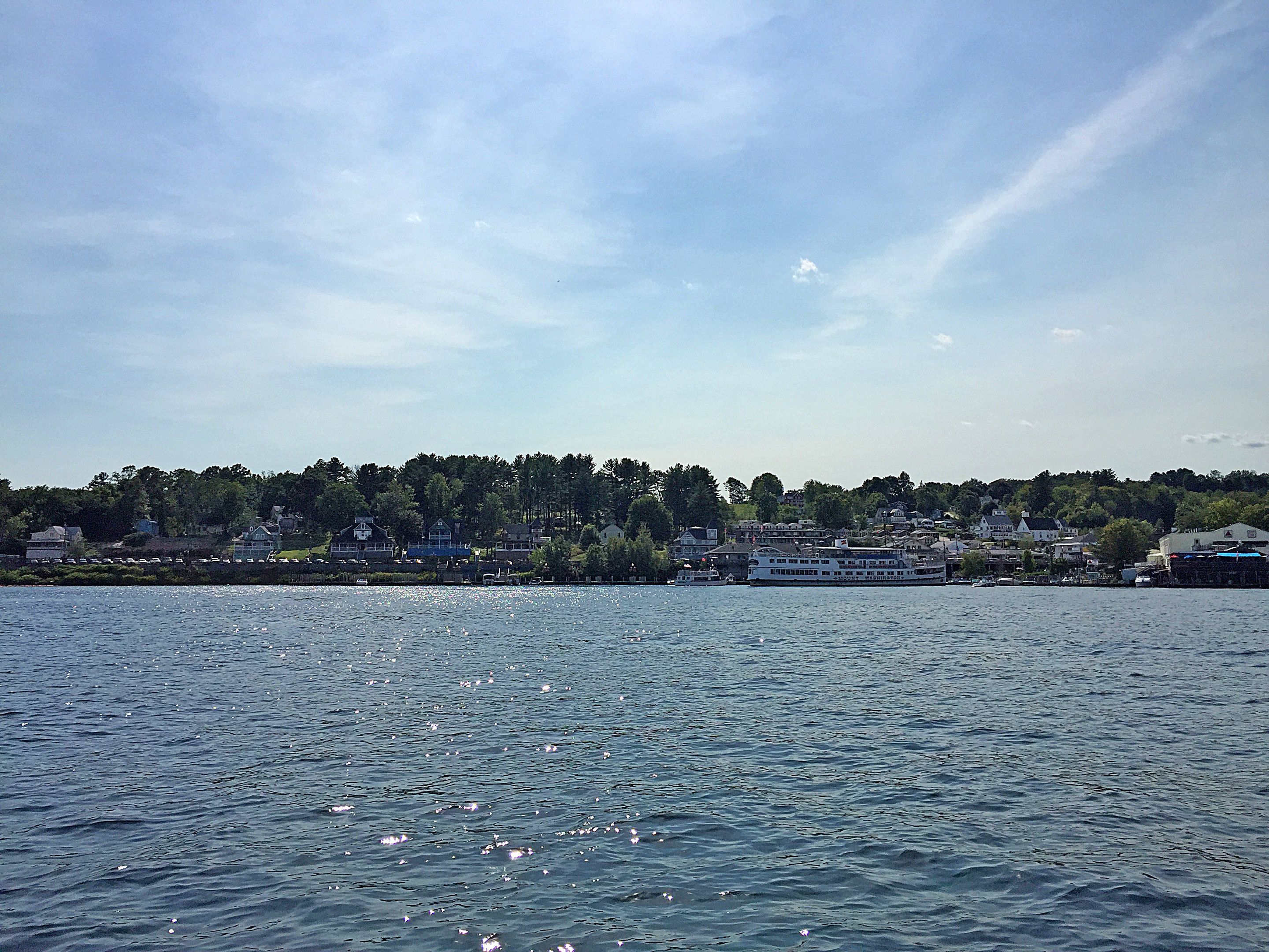 A waterfront view with a large houseboat docked near the shore, surrounded by trees and other buildings.