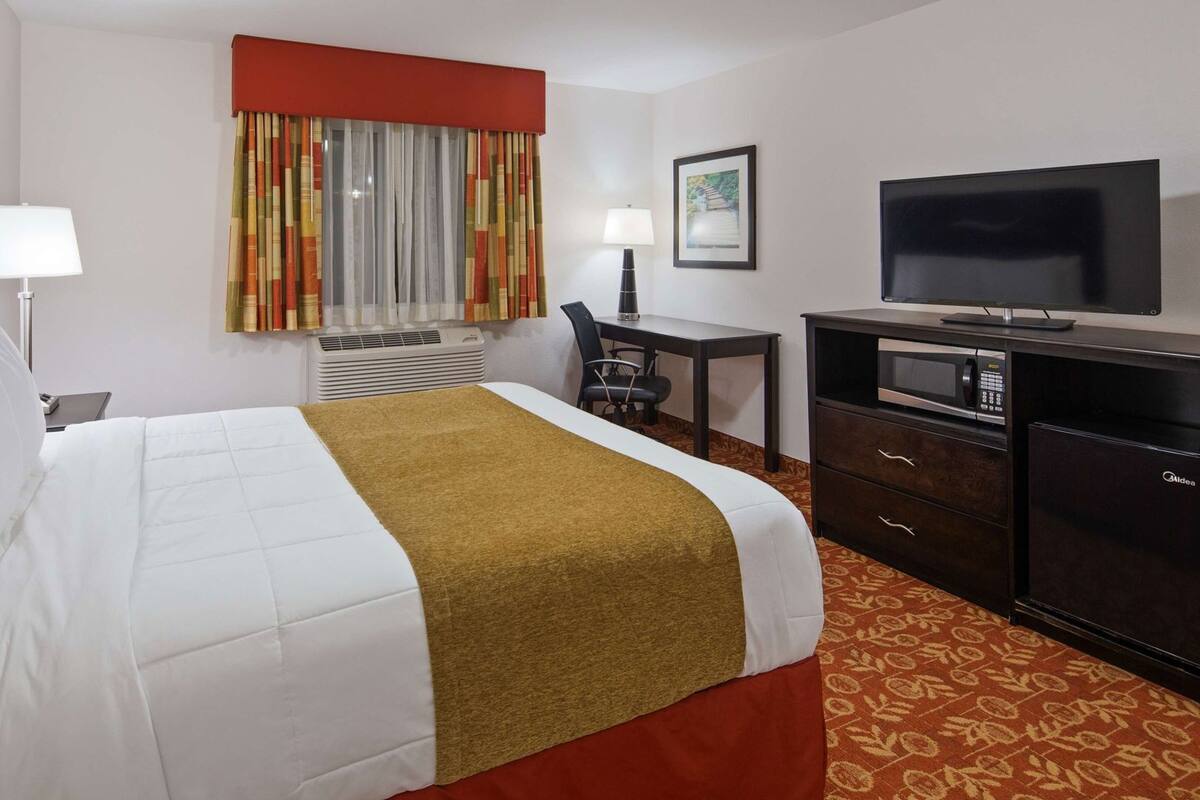 A hotel room with a bed, a desk, a television, and a minibar.