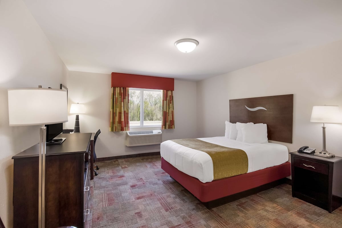 A hotel room with a bed, desk, chair, bedside table, lamp, and window with curtains.