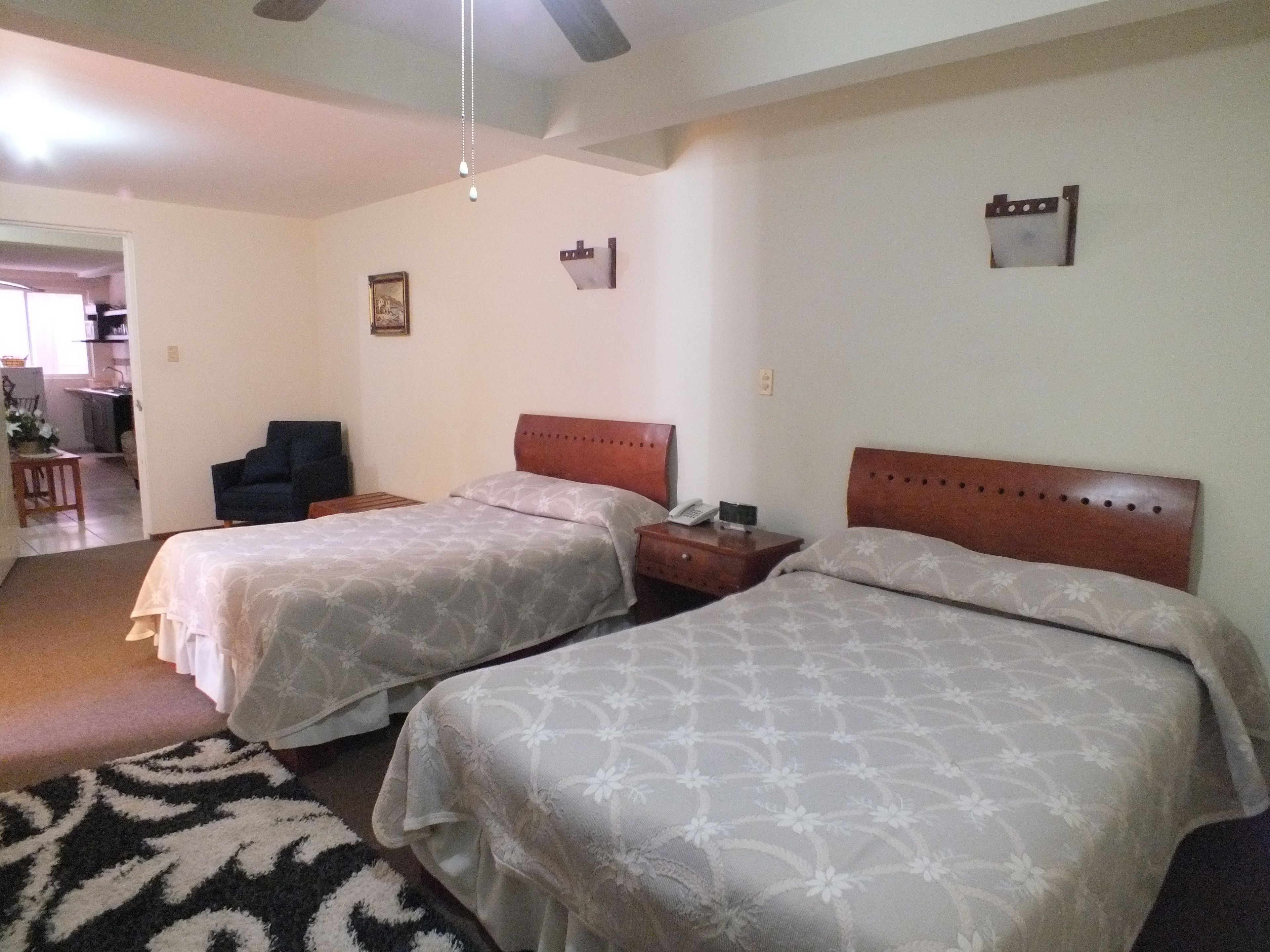 Un dormitorio con dos camas, un escritorio y una silla.