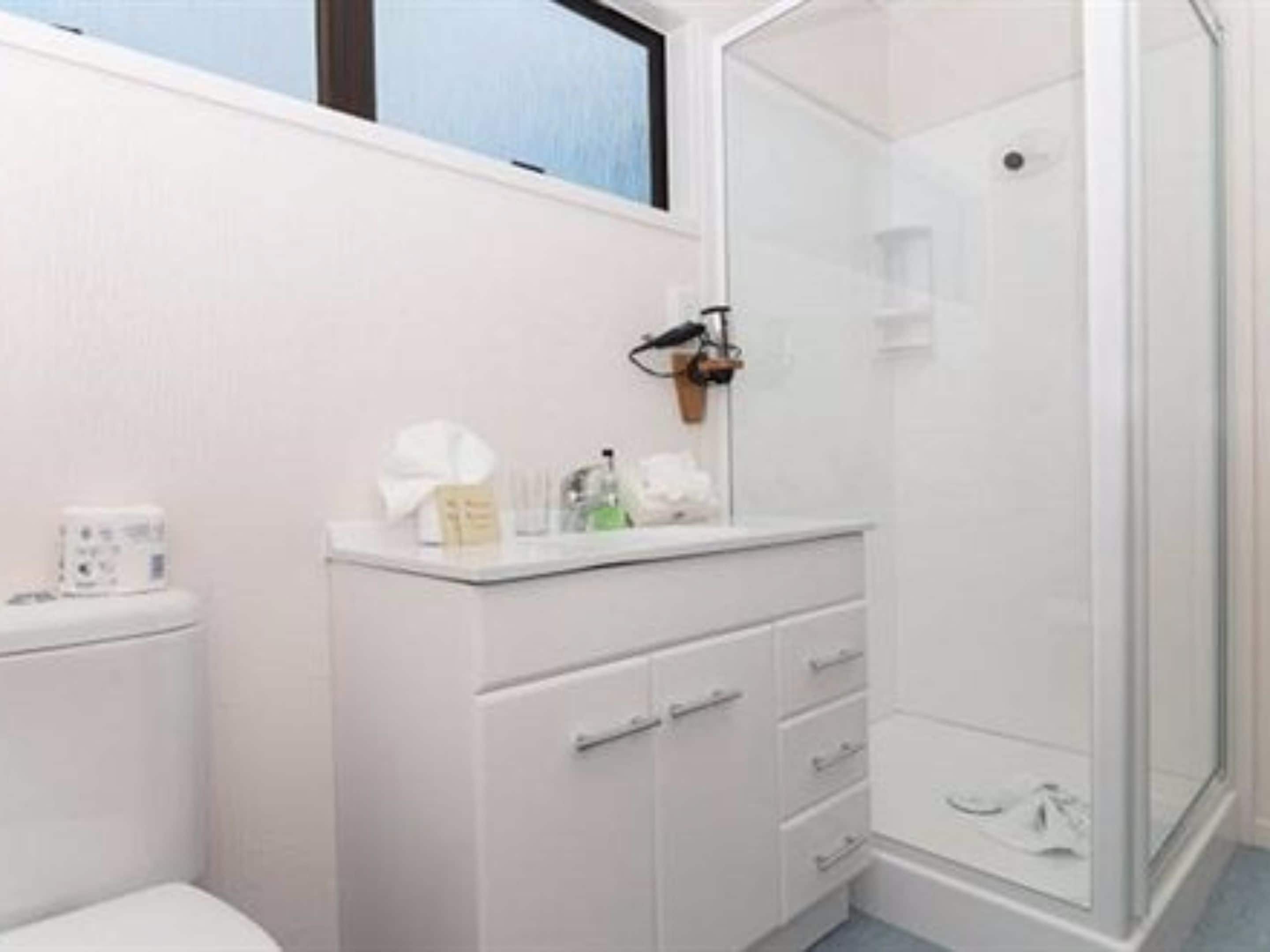 A bathroom with a toilet, a sink with toiletries, and a glass shower enclosure.