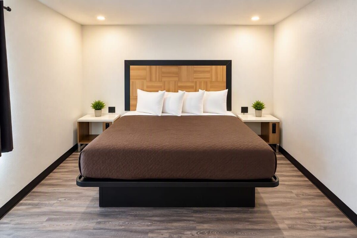 Une chambre d’hôtel moderne avec un grand lit, deux tables de chevet avec des lampes et une tête de lit en bois.