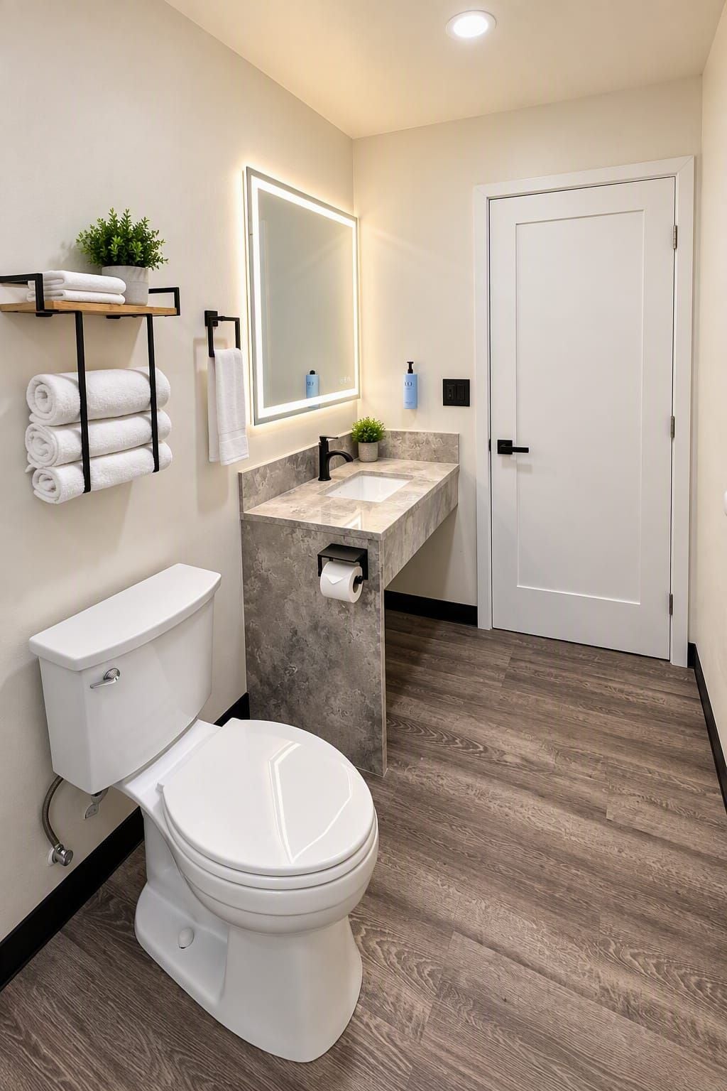 A modern bathroom with a toilet, sink, and mirror.