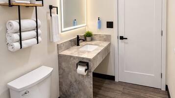 A modern bathroom with a toilet, sink, and mirror.